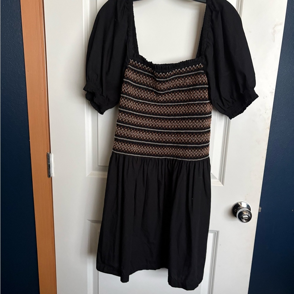 Madewell Black Mini Dress with Brown Patterned Smocking